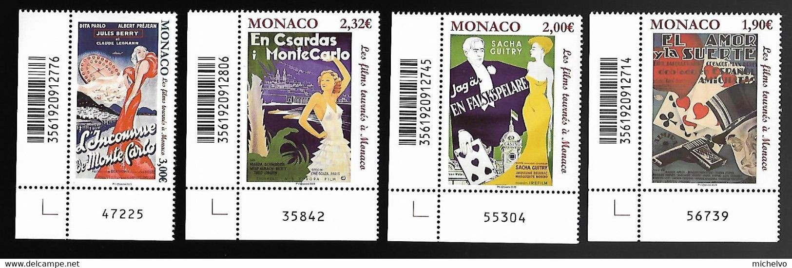 Monaco 2020 - Yv N° 3249 à 3252 ** - Les Films Tournés à Monaco - Ongebruikt