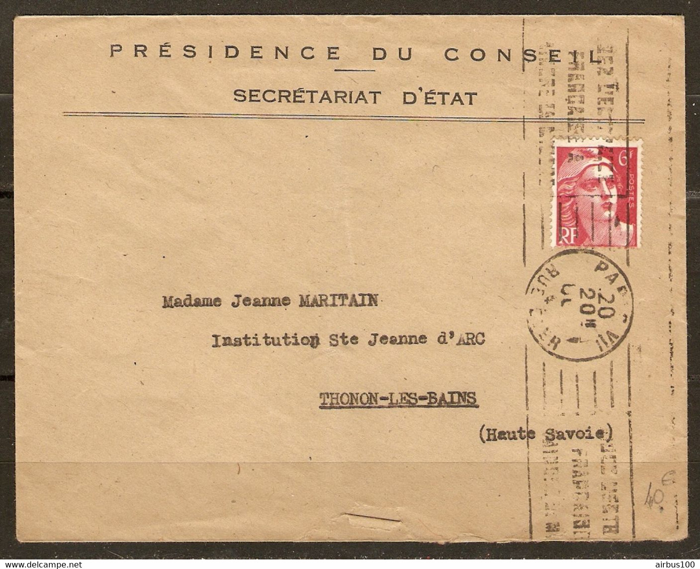 LETTRE PRÉSIDENCE DU CONSEIL SECRÉTARIAT D'ÉTAT POUR THONON LES BAINS - EMA - VARIÉTÉ MARIANNE GANDON 721Ab - Briefe U. Dokumente