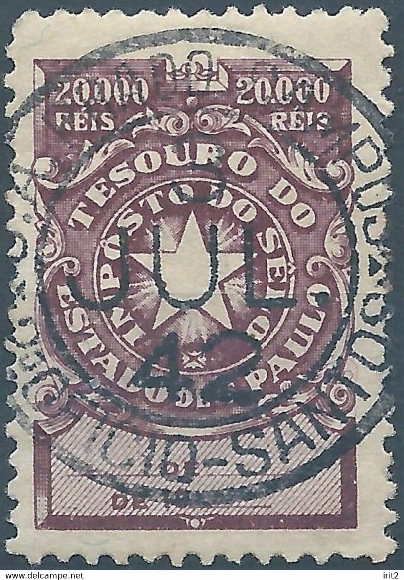 Brazil Brazile,Revenue Stamp Tax 20.000Reis Used,Thesouro Do Estado De Saopaulo,Obliterated - Servizio