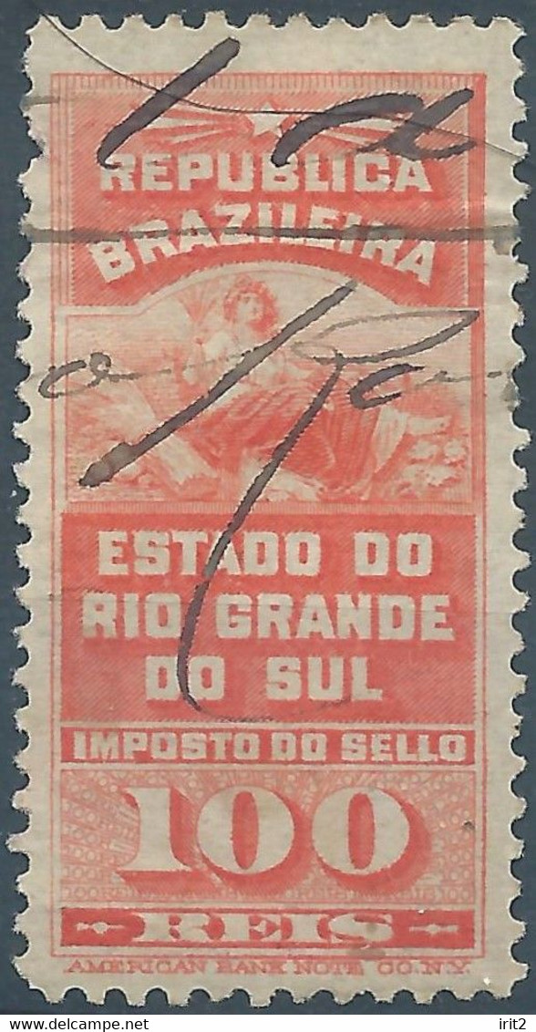 Brazil Brazile,Revenue Stamp Tax 100Reis Used,Estado Do Rio Grande Do Sul - Officials