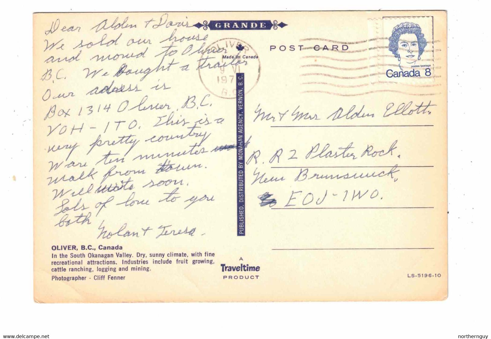 OLIVER, British Columbia, Canada, BEV Of Town, 197? 4X6 Chrome Postcard - Oliver