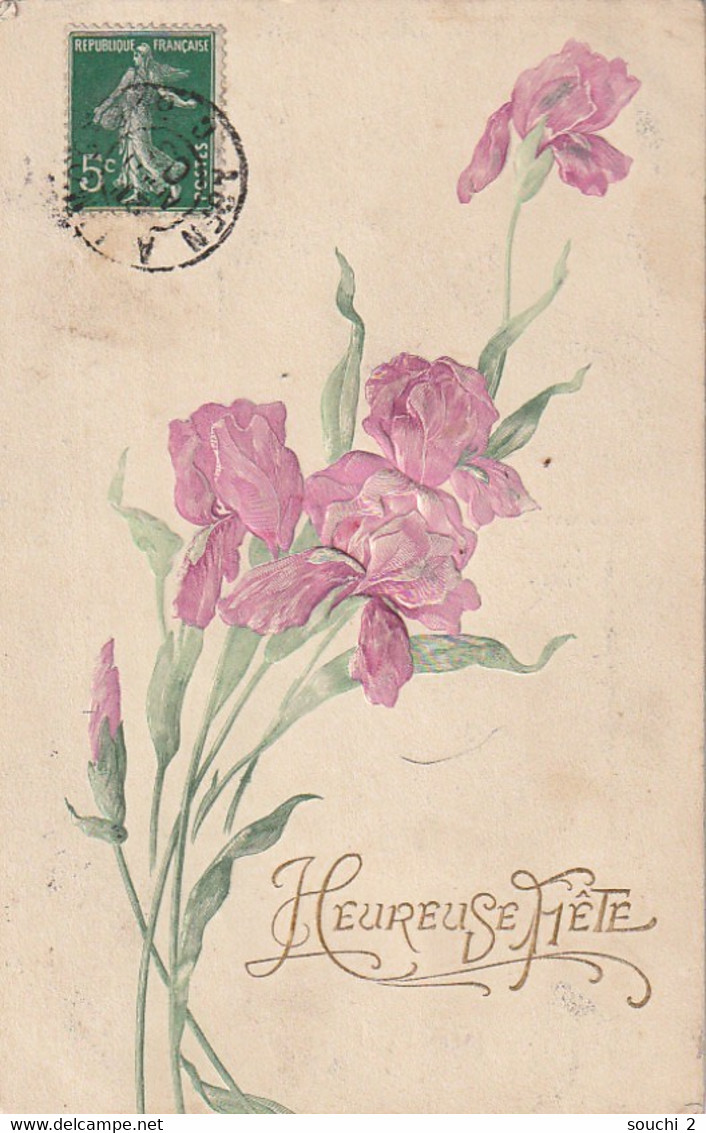 RE 21- " HEUREUSE FETE " - CARTE FANTAISIE GAUFREE -  FLEURS : IRIS - 2 SCANS - Bloemen