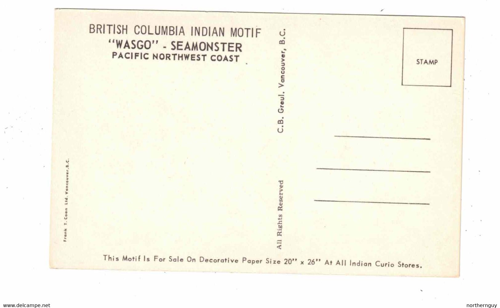 British Columbia, Canada, Indian Motif- "WASGO", Seamonster,  Old Litho. Postcard - Other & Unclassified