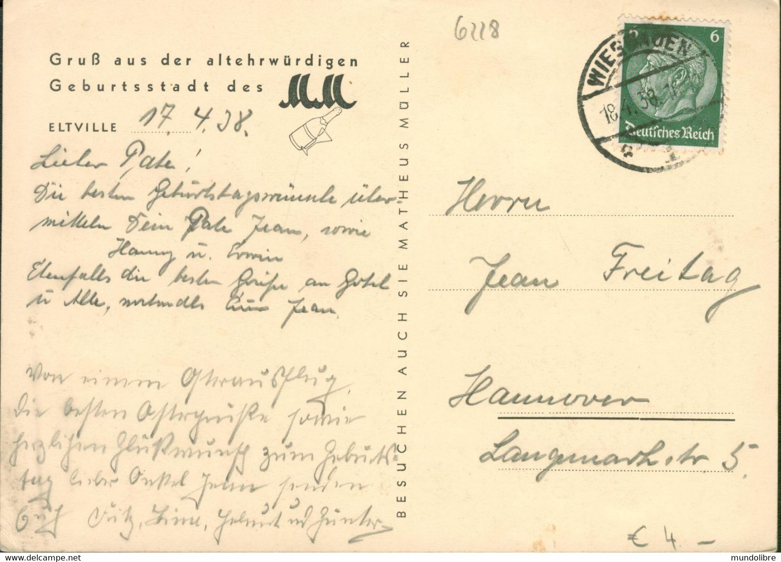 Alte Ansichtskarte -Werbekarte- Matheus Müller- Mit Stich ELTVILLE, Gelaufen 1938 - Eltville