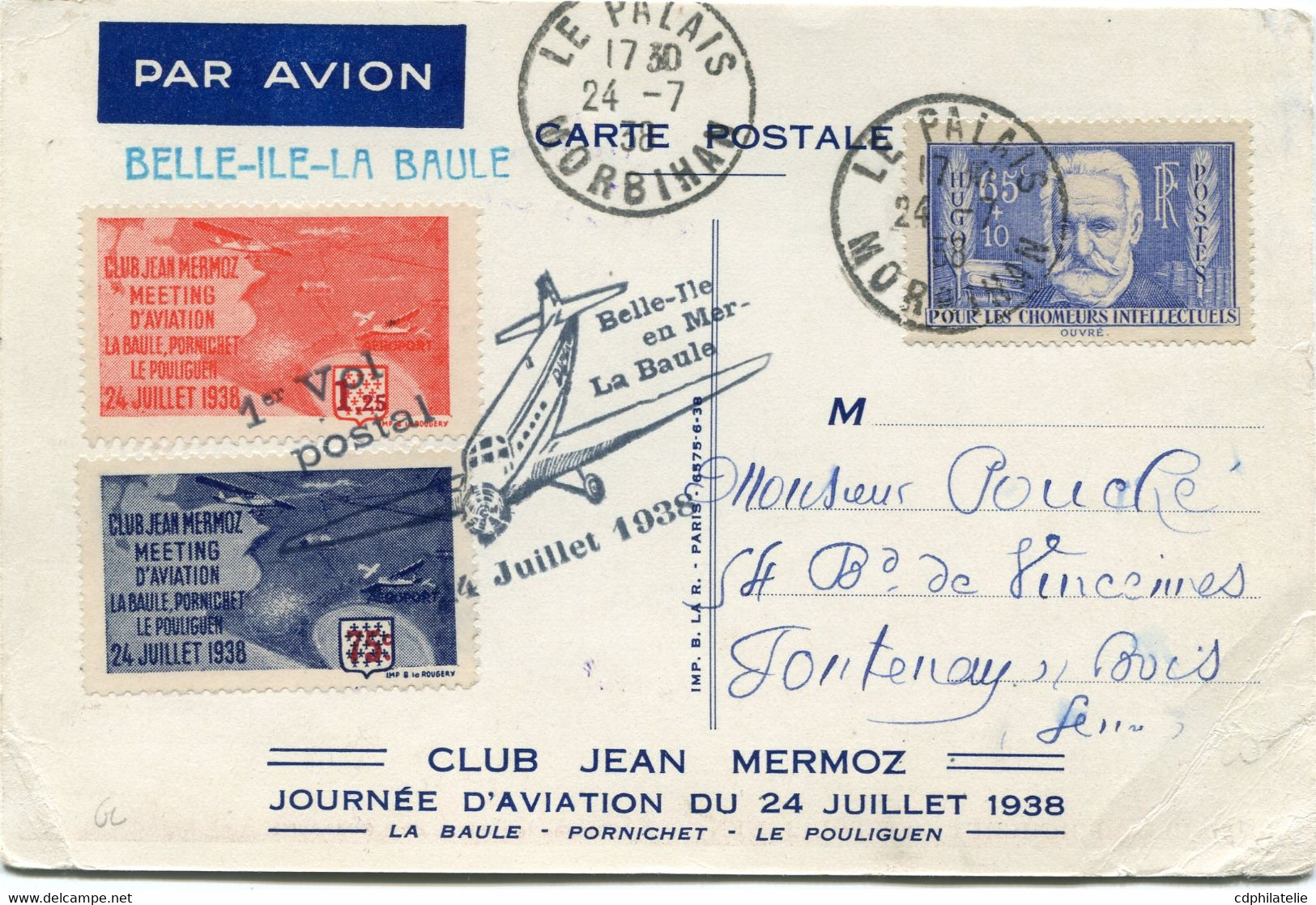 FRANCE CARTE POSTALE PAR AVION AVEC VIGNETTES DU CLUB JEAN MERMOZ MEETING D'AVIATION LA BAULE-PORNICHET -LE POULIGEN.... - 1927-1959 Briefe & Dokumente