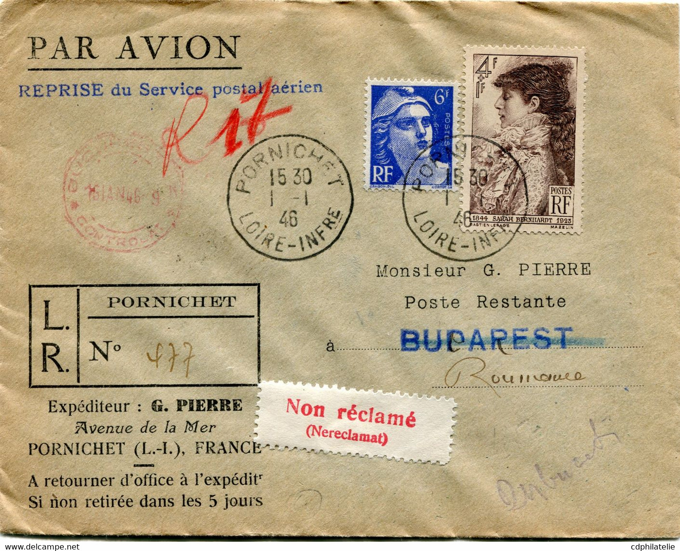 FRANCE LETTRE RECOMMANDEE PAR AVION AVEC CACHET "REPRISE DU SERVICE POSTAL AERIEN" DEPART PORNICHET 1-1-46 POUR LA...... - 1927-1959 Briefe & Dokumente