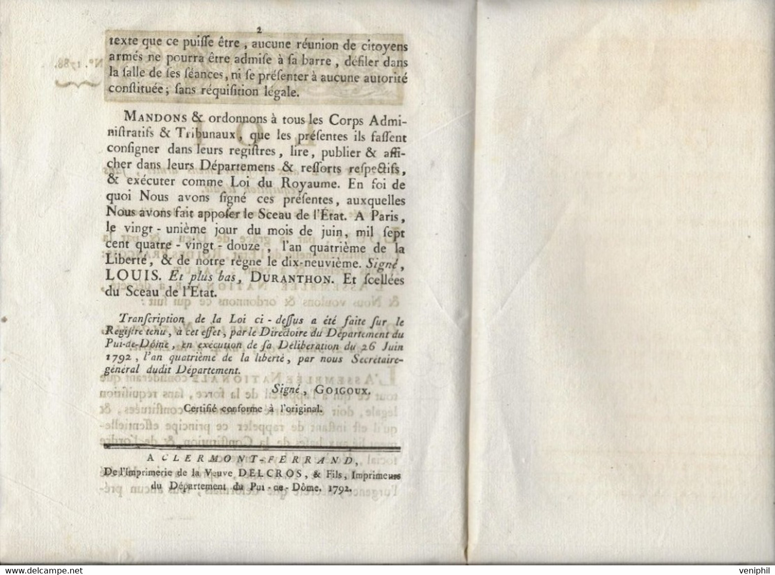 LOI RELATIVE AUX RASSEMBLEMENTS ARMES , SANS REQUISITION LEGALE.-ANNEE 1792 - Décrets & Lois