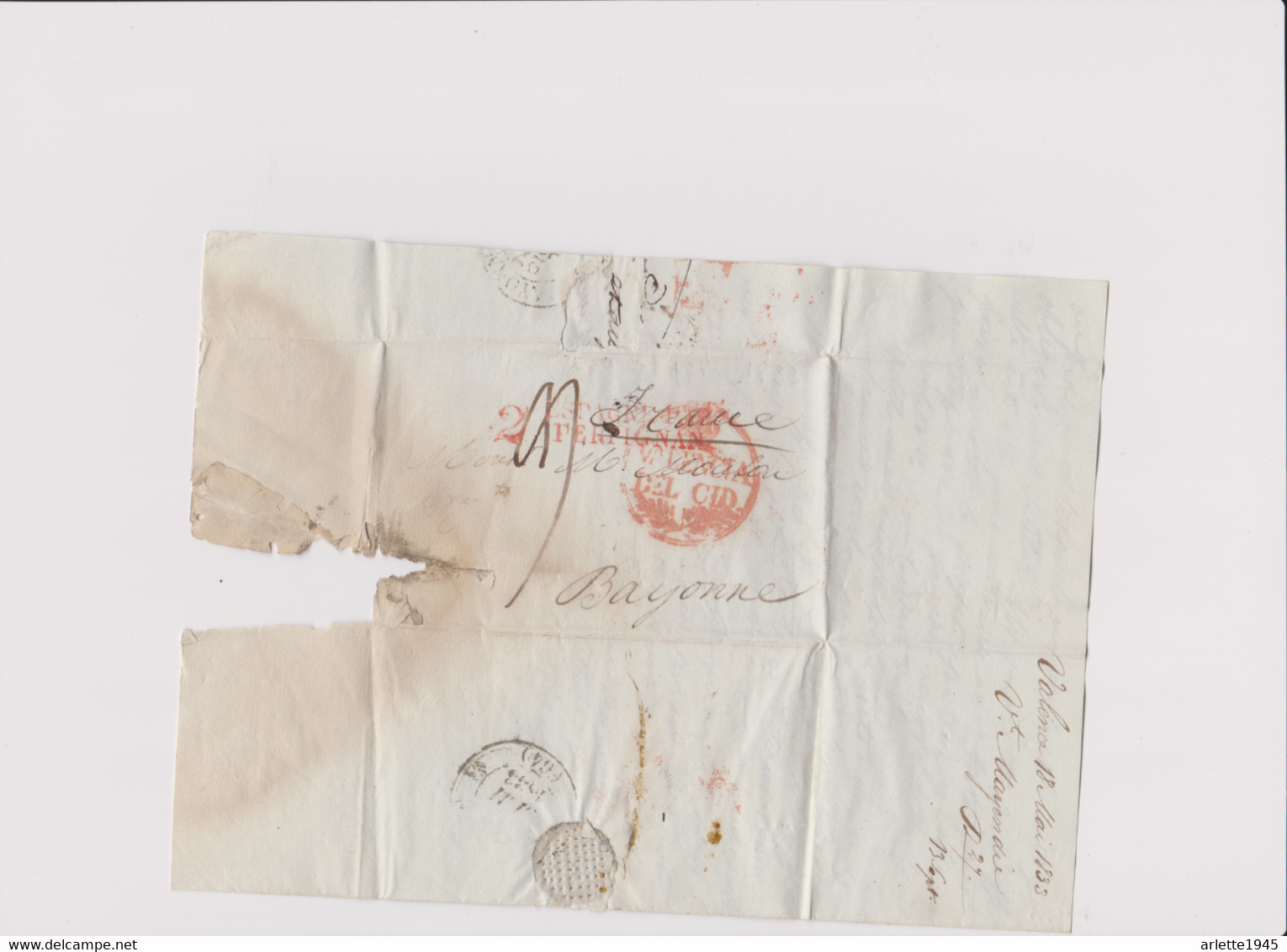 LETTRE 2 ESPAGNE PAR PERPIGNAN DEPART VALENCE ESPAGNE POUR BAYONNE FRANCE 1833 - 1801-1848: Precursors XIX