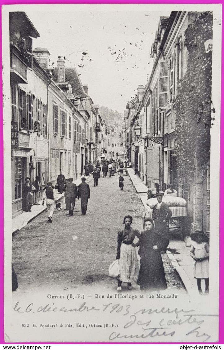 Cpa Orthez Rue De L'Horloge Et Rue Moncade Carte Postale 64 Pyrénées Atlantiques Très Rare Prėcurseur 1900 - Orthez