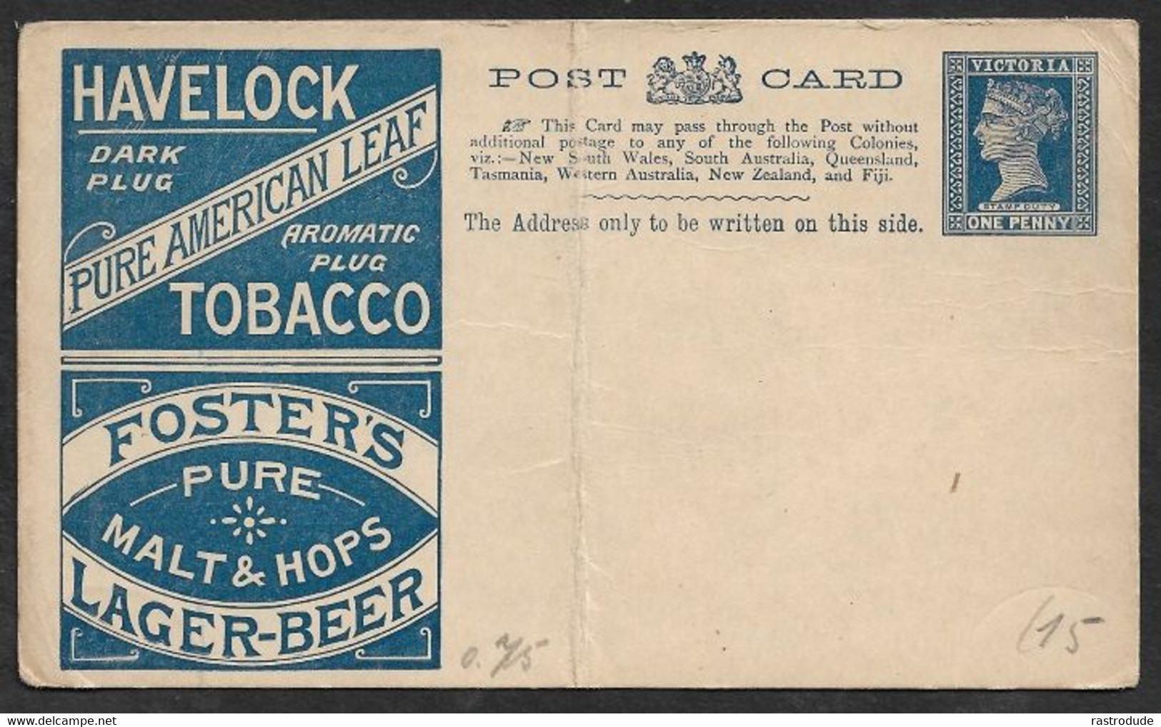 VICTORIA QV 1d PSC Tobacco & Beer Victoria Havelock Advertising Foster's Lager Unused - Bier