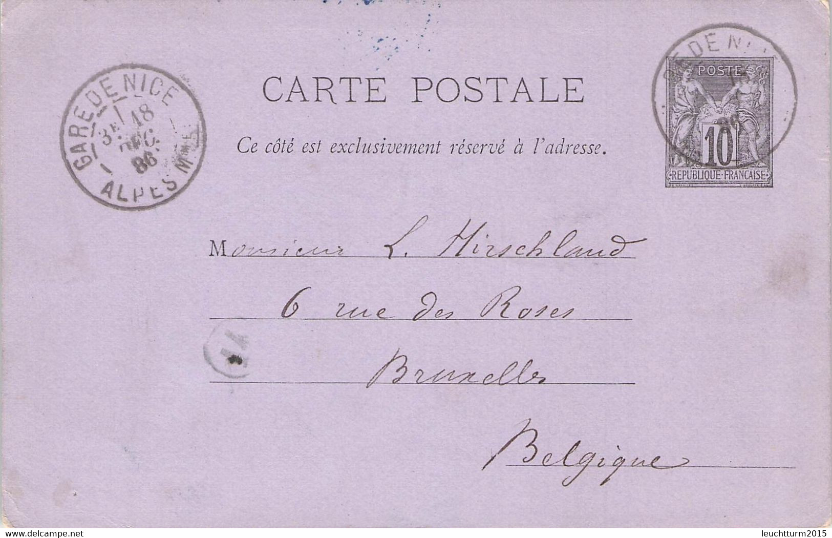 FRANCE - CARTE POSTALE 1886 GARE DE NICE > BRUXELLES /AA103 - PAM