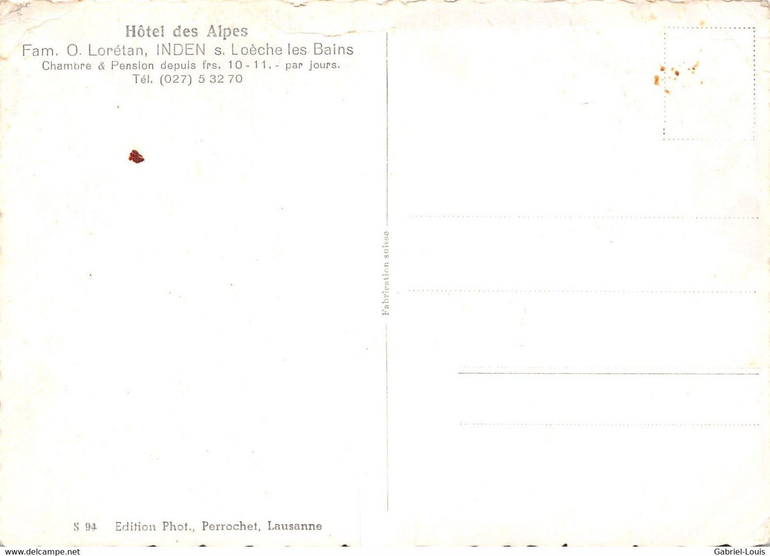 Inden Vers 1850 - Hotel Des Alpes  ( 10 X 15 Cm) - Inden