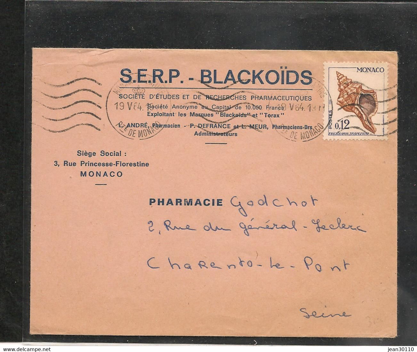 1964 ENVELOPPE S.E.R.P.  DE MONACO POUR CHARENTE LEPONT - Storia Postale