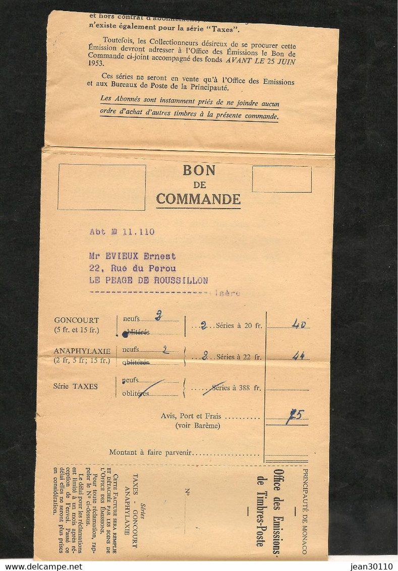 8-6-1953 COURRIER DE MONACO POUR LE PÉAGE DE ROUSSILLON - Covers & Documents