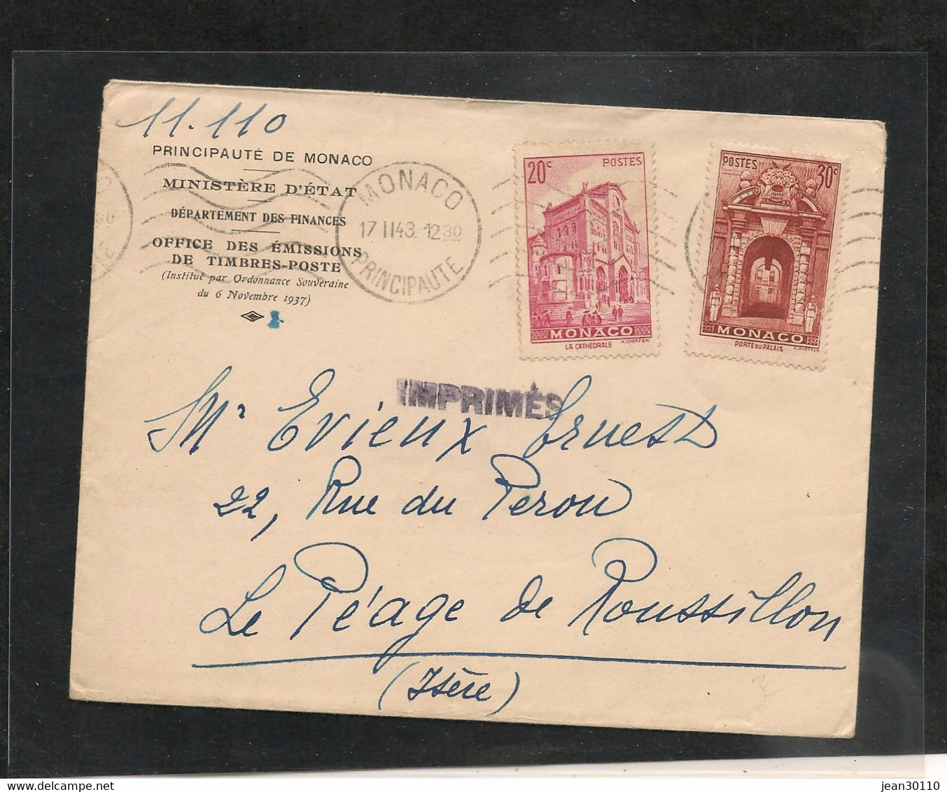 17-11-43 ENVELOPPE DE MONACO POUR LE PEAGE DE ROSSILLON - Covers & Documents