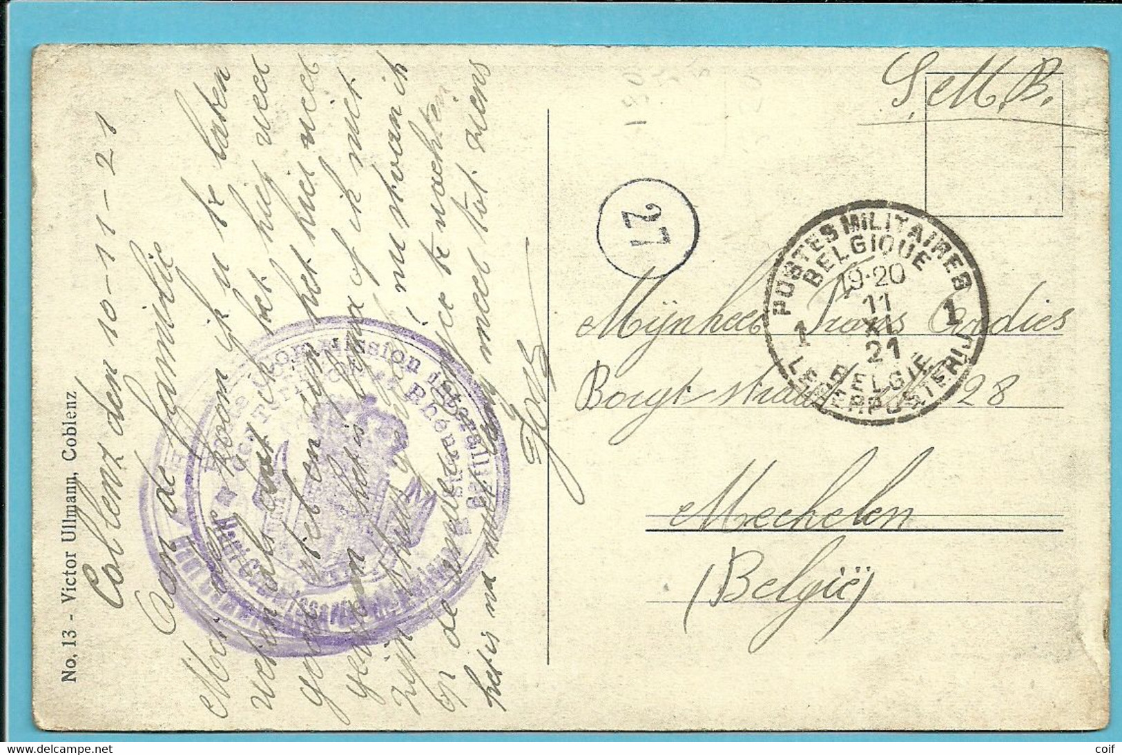 Postkaart 1921 POSTES MILITAIRES BELGIQUE / HAUTE COMMISSION INTERALLIE DES TERRITOIRES RHENANS - Legerstempels