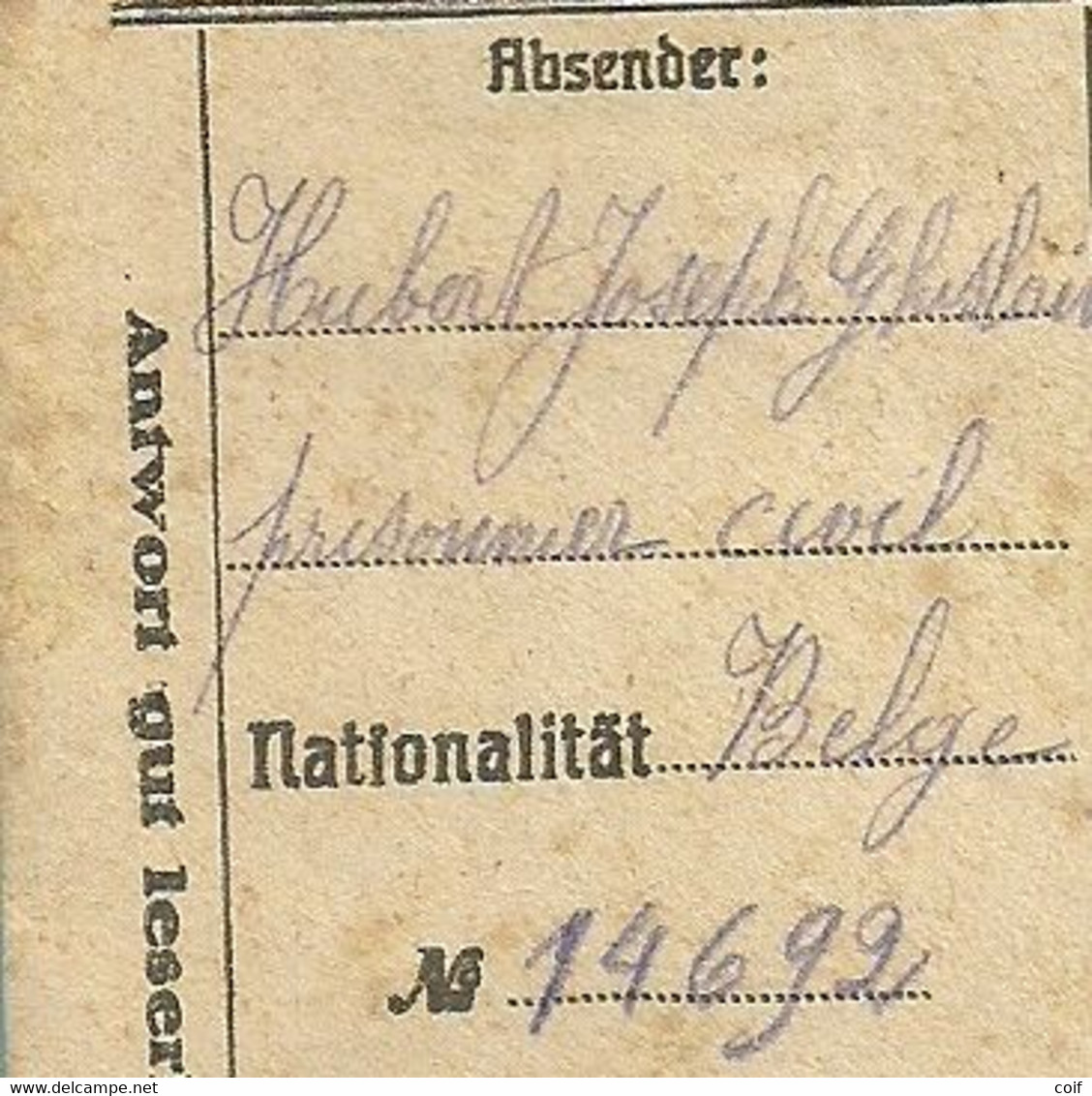 Kriegsgefangenenpost Stempel GEPRUFT HOLZMINDEN (Prissoner Civil Belge) Naar Salzinnes (Namur) + Inhoud - Krijgsgevangenen