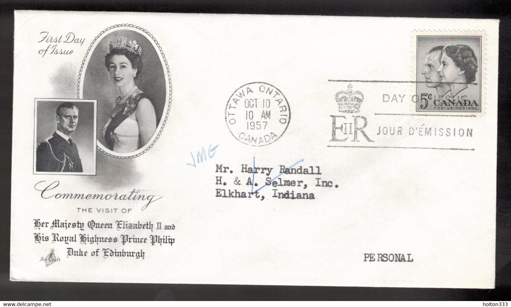 CANADA FDC Scott # 374 - Royal Visit - Art Craft Cachet - 1952-1960