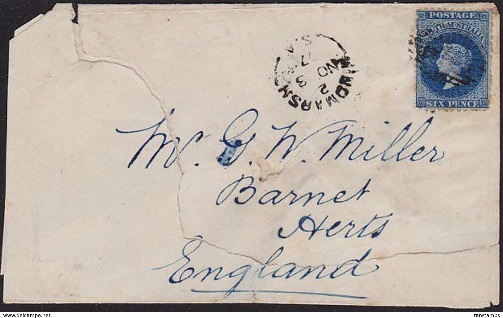 SOUTH AUSTRALIA - ENGLAND 6d RATE POSTED HINDMARSH IN 1877 - Covers & Documents