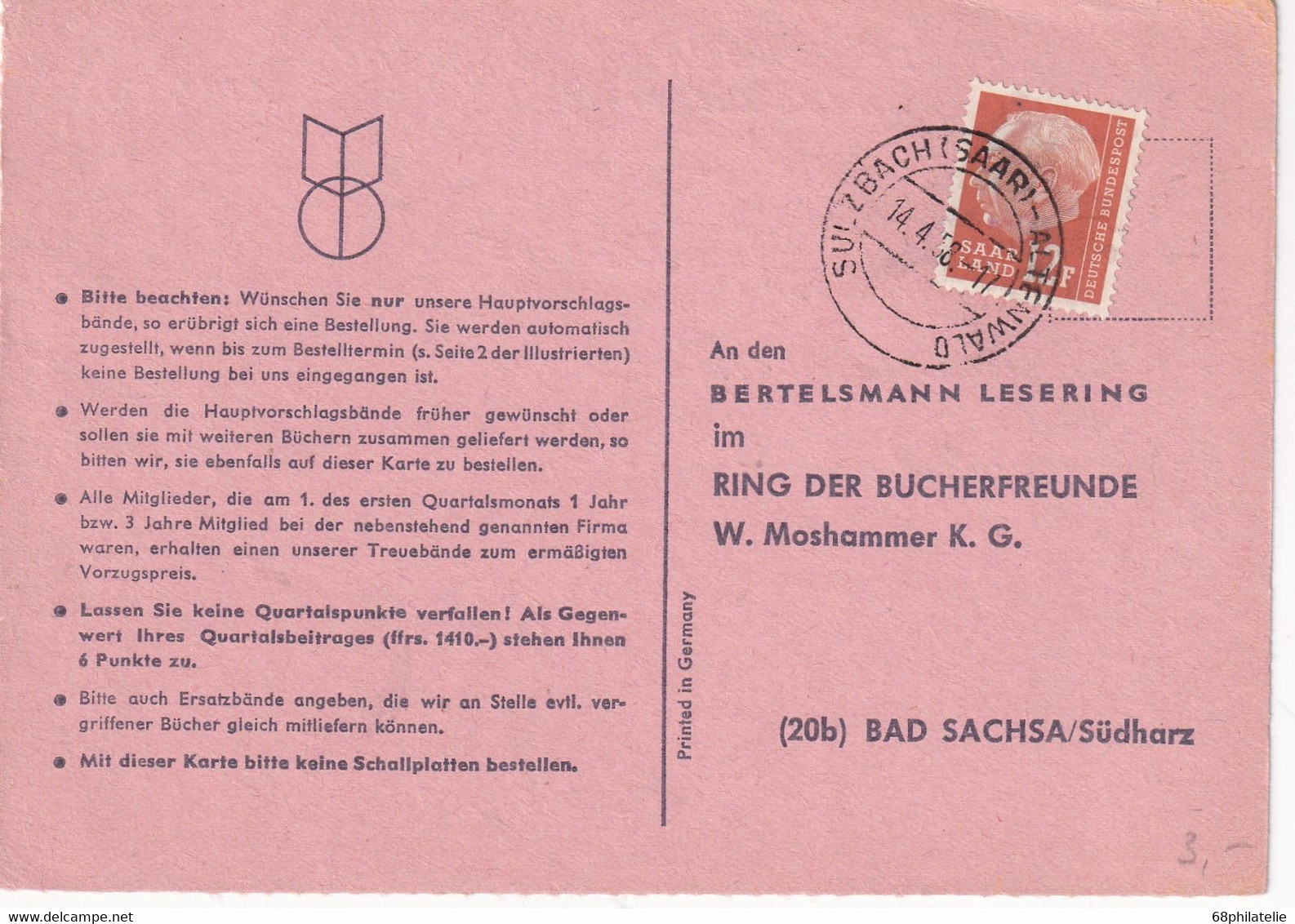 SAARLAND 1958 CARTE DE COMMANDE DE SULZBACH - Sonstige & Ohne Zuordnung