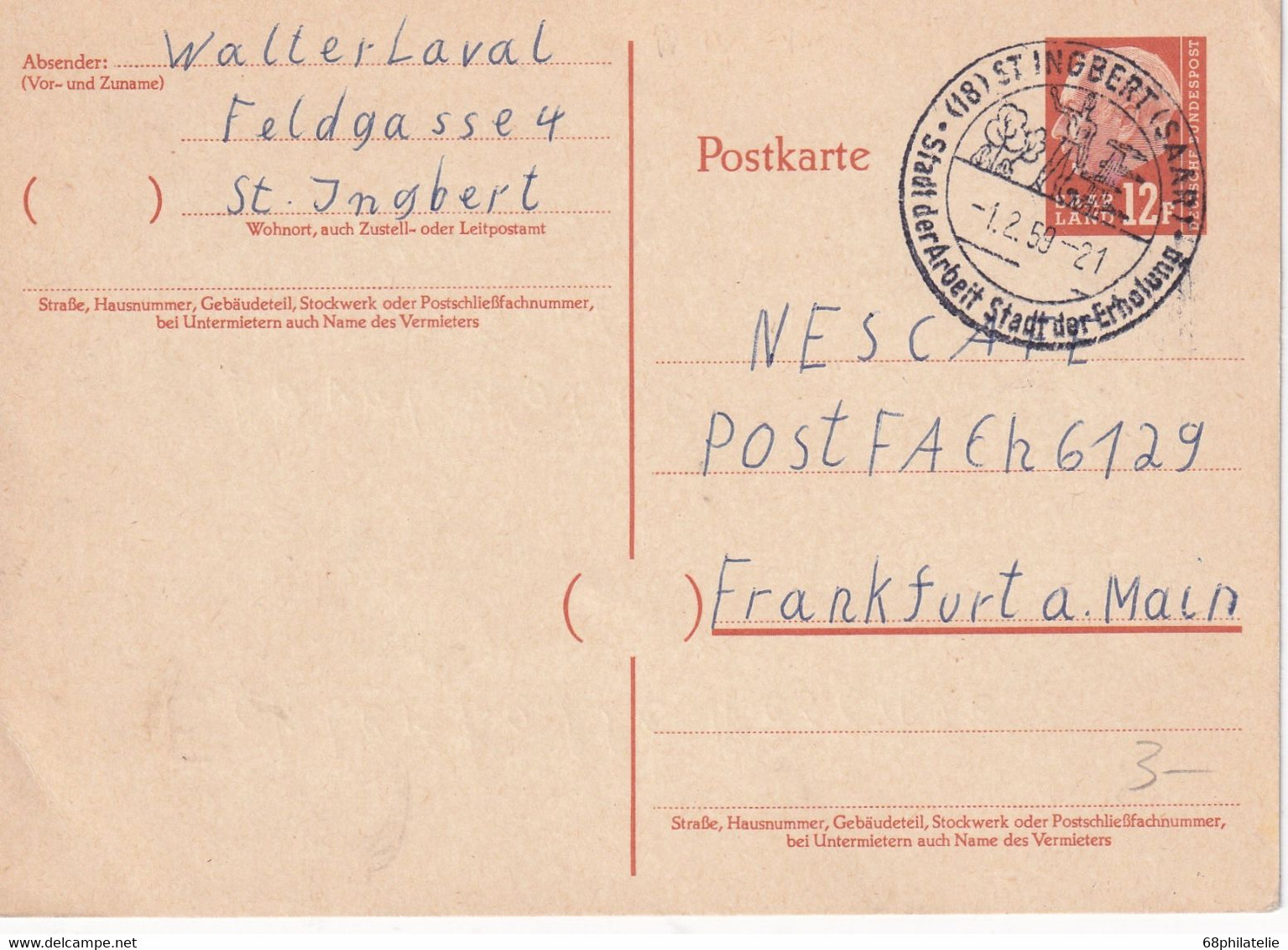 SAARLAND 1959   ENTIER POSTAL/GANZSACHE/POSTAL STATIONARY CARTE DE ST.INGBERT - Postal Stationery