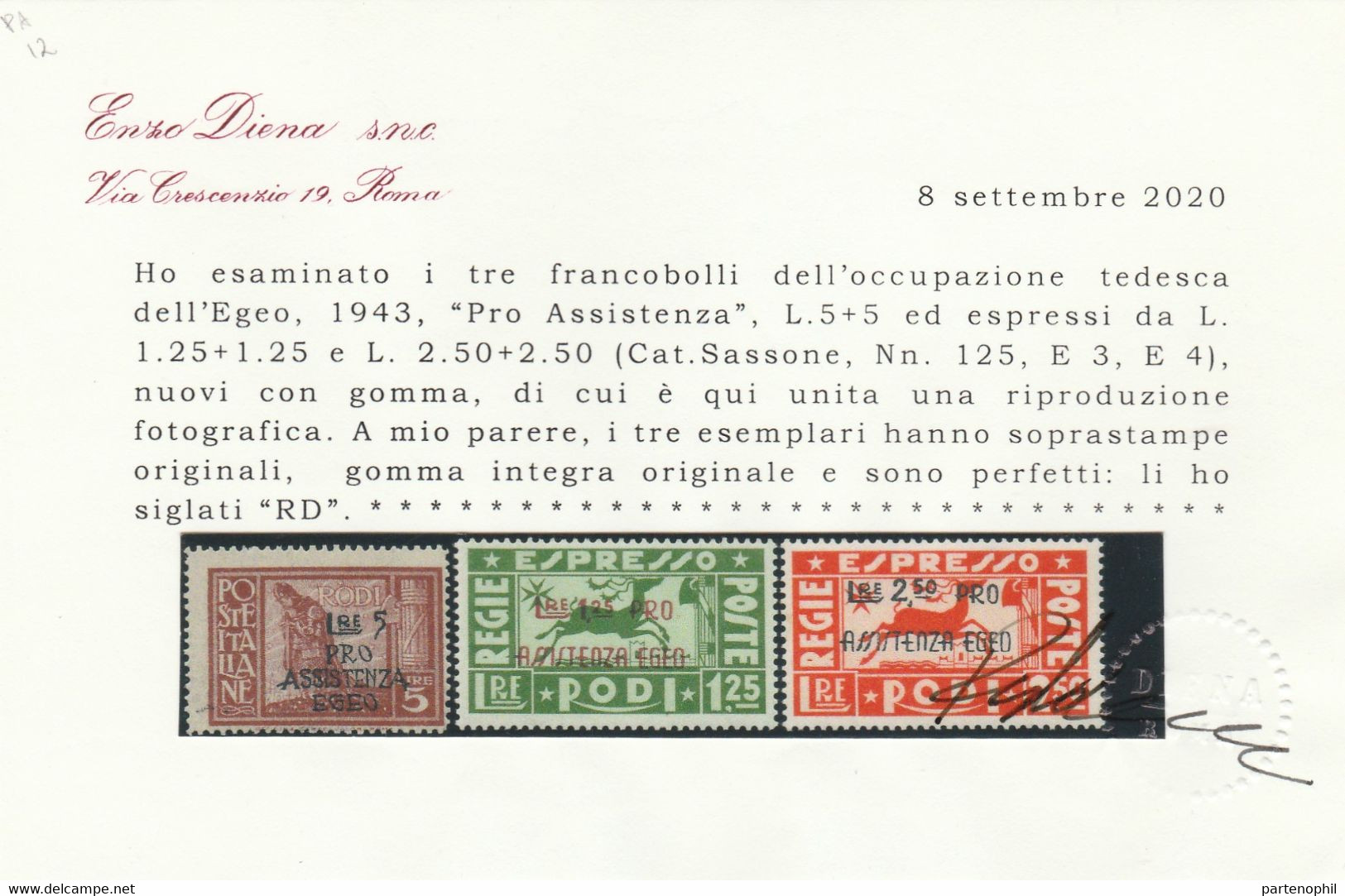 Egeo - 374 ** 1943 - Pro Assist. Egeo N.118/125+E3/E4. Cert. E. Diena. Cat. € 2000,00. SPL - Egée (Duitse Bezetting)