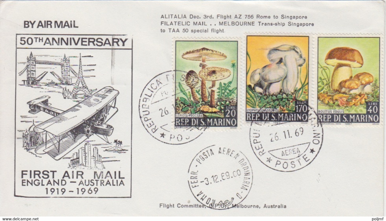 18 Lettres 50° Anniversaire Du 1° Vol Angleterre-Australie En 1919, Obl. En Dec 69 Aux Différentes étapes - Erst- U. Sonderflugbriefe