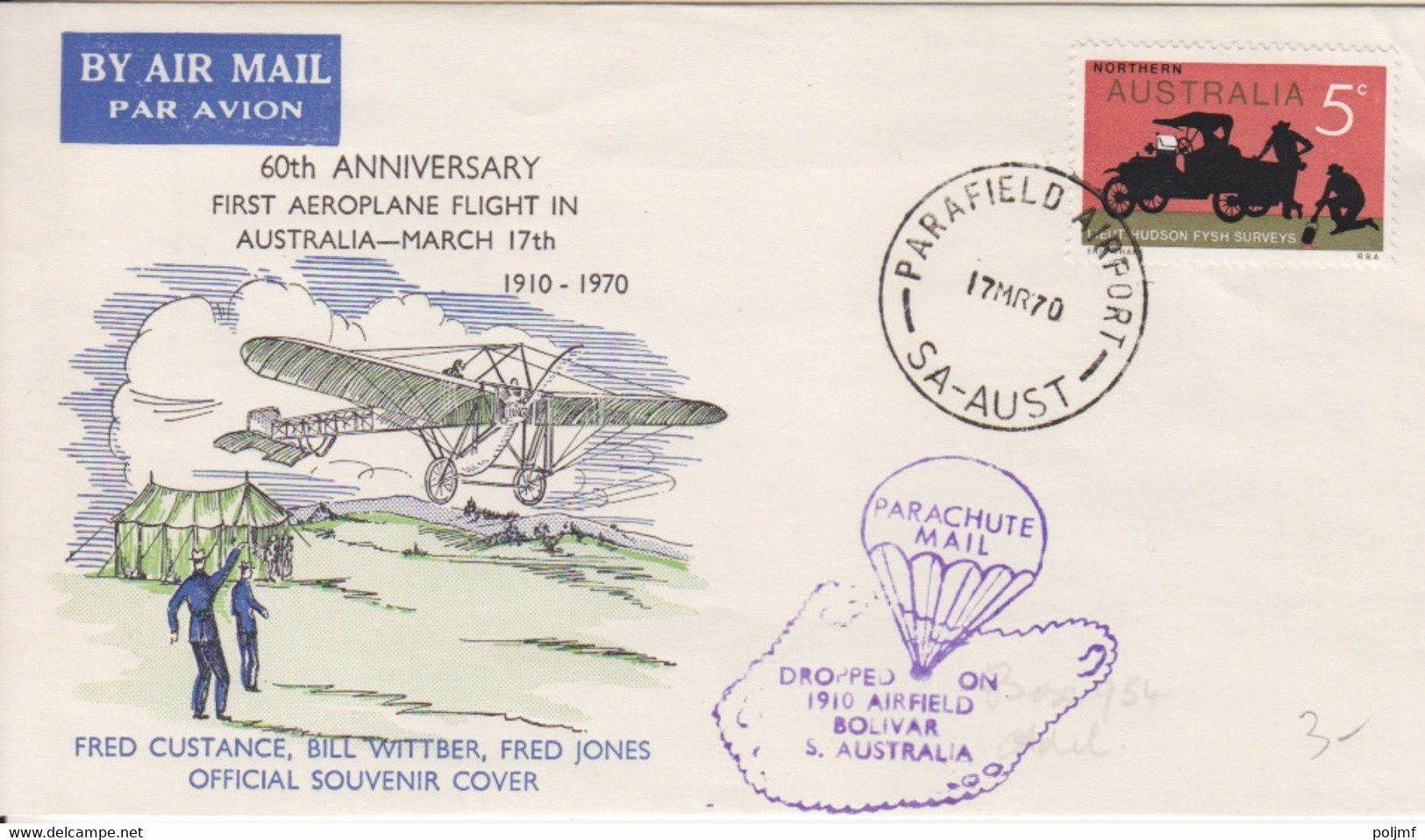 60° Anniversaire Du 1° Vol Australie-March En 1910, Obl. Parafield Le 17 MR 70 Sur N° 395 + Courrier Parachuté - First Flight Covers