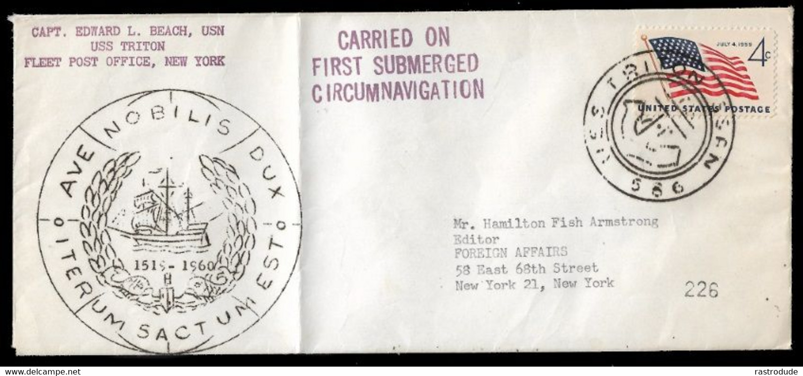 1960 US SUBMARINE MAIL USS TRITON SSRN-586 Letter Carried On The 1st Submerged Circumnavigation.Off Easter Islands. RARE - U-Boote