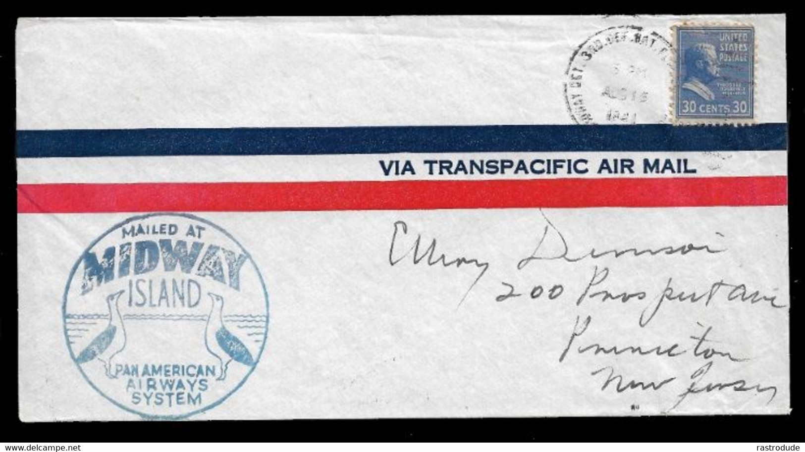 1941 AUG 15 - TRANSPACIFIC AIR MAIL - MAILED AT MIDWAY ISLANDS - PAN AMERICAN AIRWAYS SYSTEM To PRINCETON - RARE - 2a. 1941-1960 Oblitérés