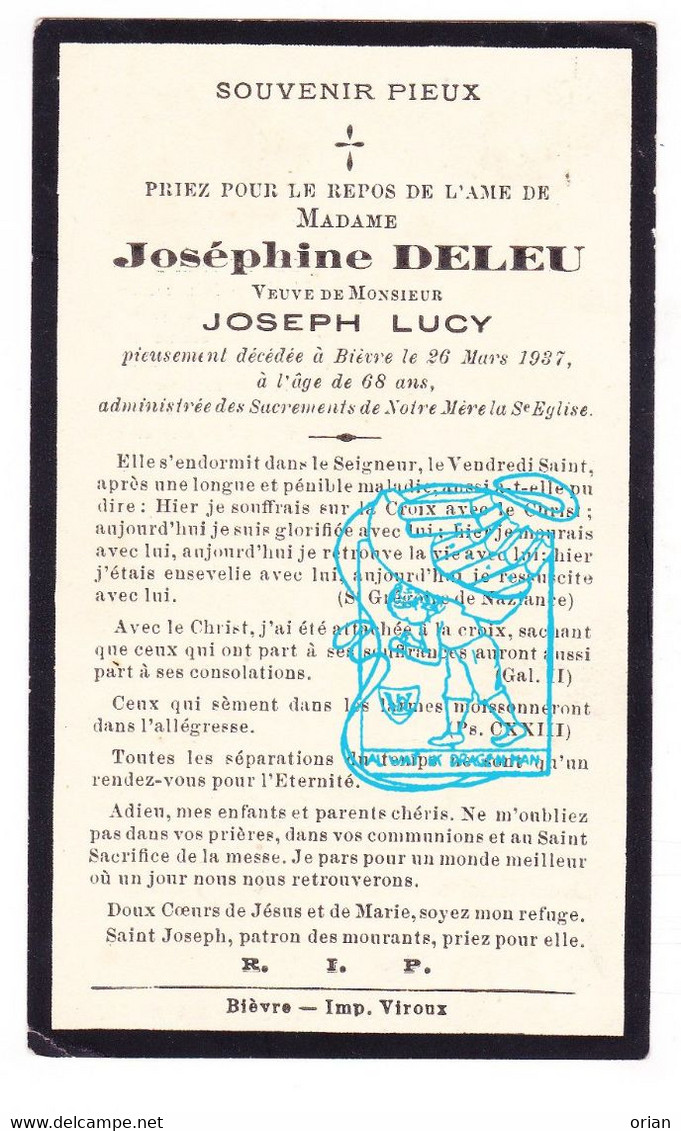 DP Im. Mort. - Joséphine Deleu ° 1869 † Bièvre Prov. Namur 1937 X Joseph Lucy - Andachtsbilder