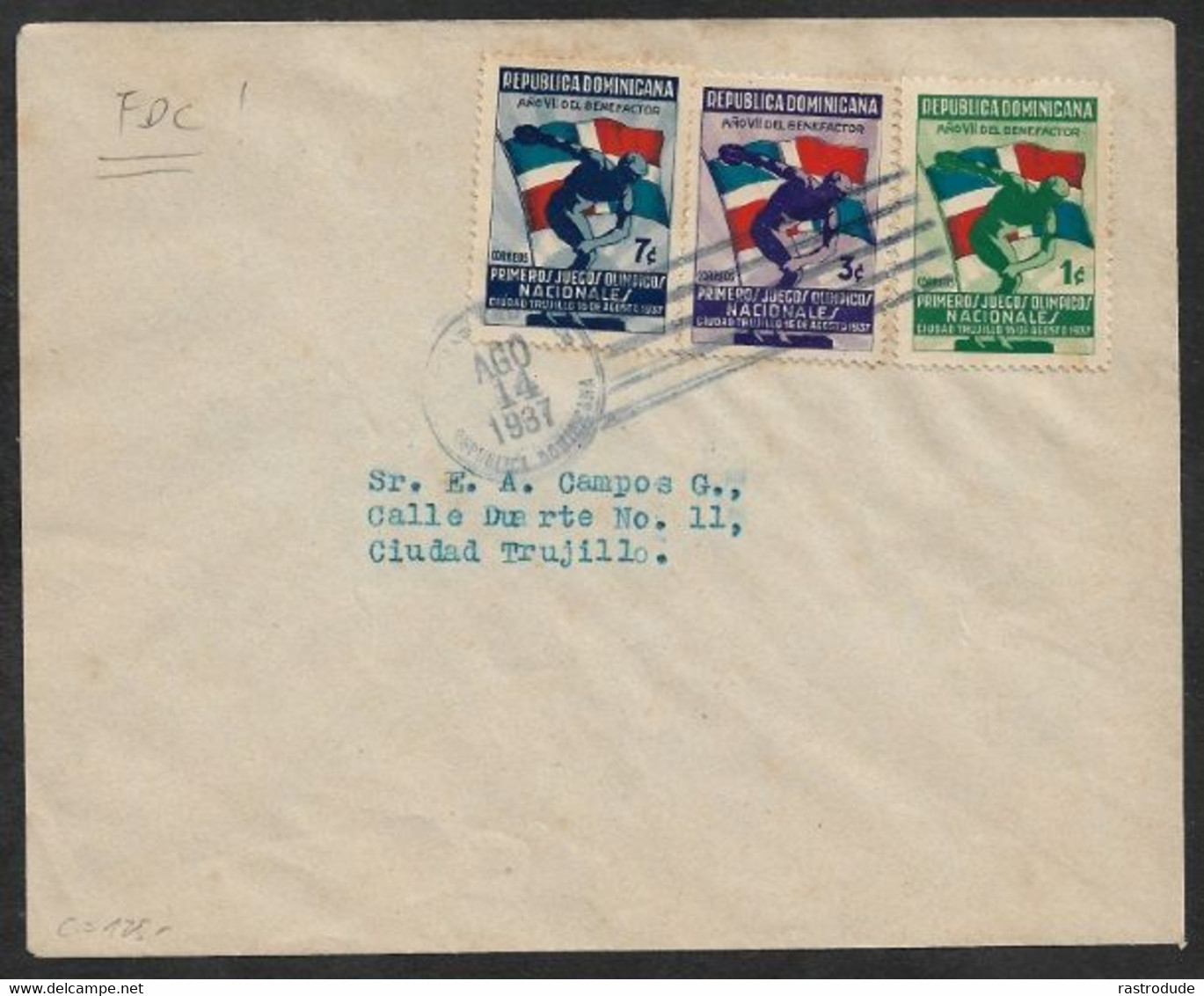 1937 AUG 14 - REPUBLICA DOMINICANA - FDC - PRIMEROS JUEGOS OLIMPICOS NAIONALES 16 AGOSTO 1937 - RARE - Dominican Republic