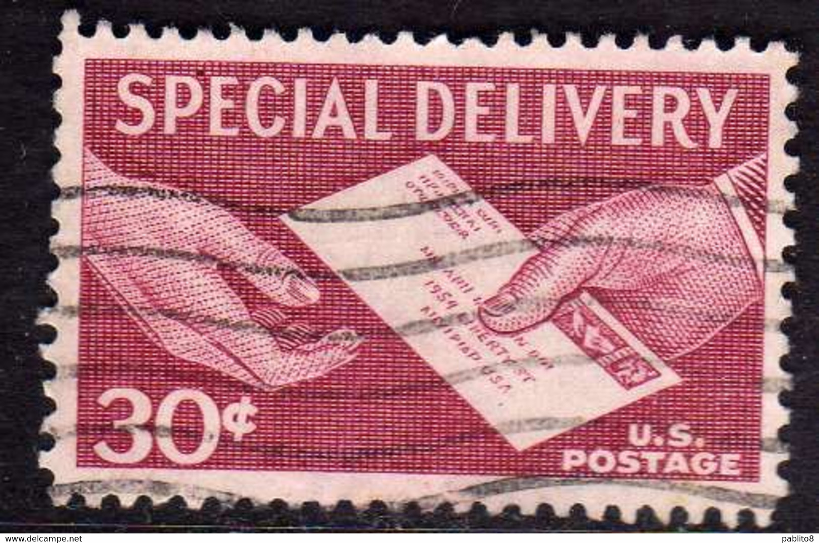 USA STATI UNITI 1957 SPECIAL DELIVERY LETTER IN HAND ESPRESSO CENT 30c USED USATO OBLITERE' - Special Delivery, Registration & Certified