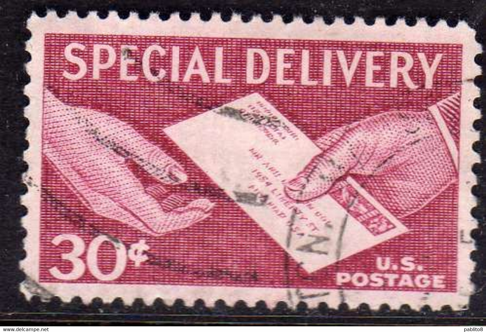 USA STATI UNITI 1957 SPECIAL DELIVERY LETTER IN HAND ESPRESSO CENT 30c USED USATO OBLITERE' - Special Delivery, Registration & Certified