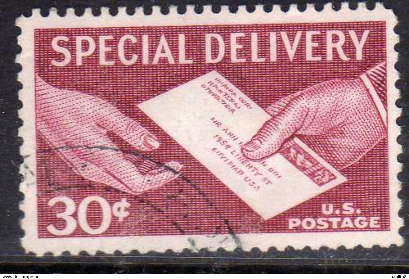 USA STATI UNITI 1957 SPECIAL DELIVERY LETTER IN HAND ESPRESSO CENT 30c USED USATO OBLITERE' - Special Delivery, Registration & Certified