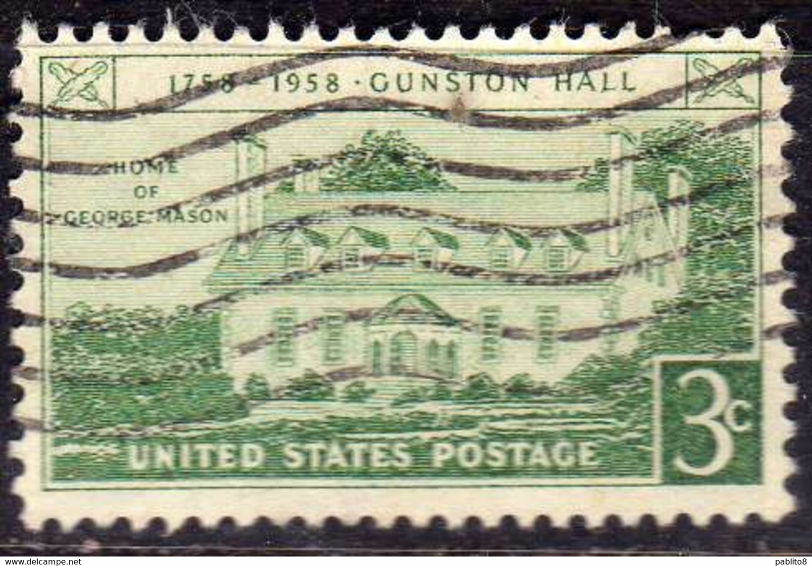 USA STATI UNITI 1958 GUNSTON HALL ISSUE VIRGINIA CENT 3c USED USATO OBLITERE' - Sonstige & Ohne Zuordnung