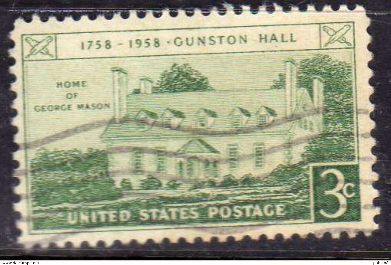 USA STATI UNITI 1958 GUNSTON HALL ISSUE VIRGINIA CENT 3c USED USATO OBLITERE' - Sonstige & Ohne Zuordnung