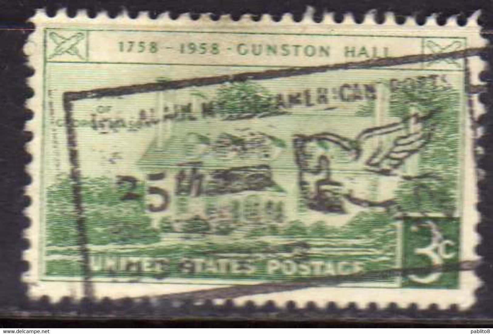 USA STATI UNITI 1958 GUNSTON HALL ISSUE VIRGINIA CENT 3c USED USATO OBLITERE' - Other & Unclassified