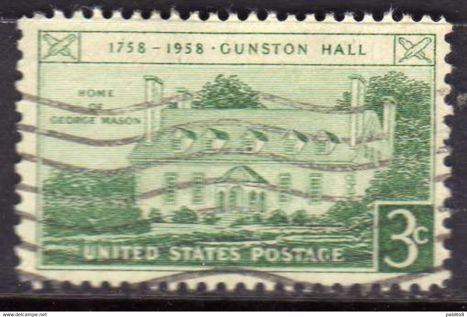 USA STATI UNITI 1958 GUNSTON HALL ISSUE VIRGINIA CENT 3c USED USATO OBLITERE' - Autres & Non Classés