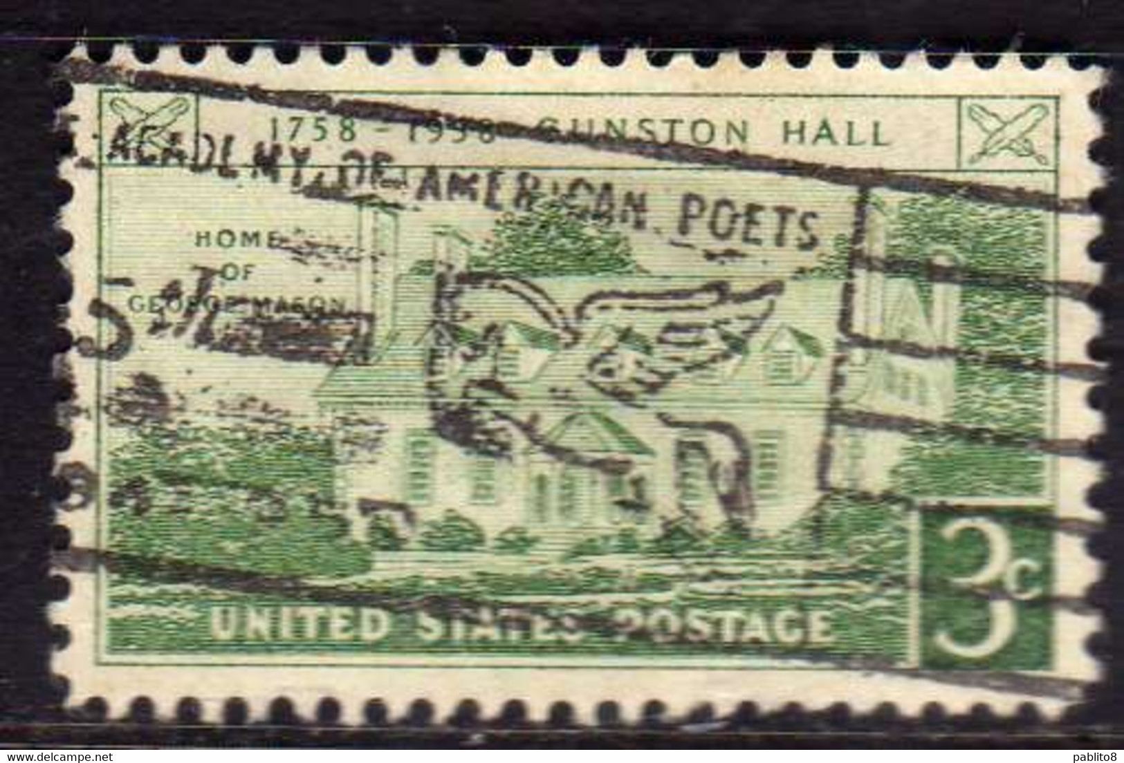 USA STATI UNITI 1958 GUNSTON HALL ISSUE VIRGINIA CENT 3c USED USATO OBLITERE' - Autres & Non Classés