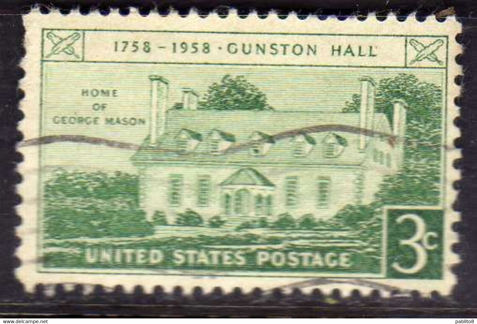 USA STATI UNITI 1958 GUNSTON HALL ISSUE VIRGINIA CENT 3c USED USATO OBLITERE' - Altri & Non Classificati