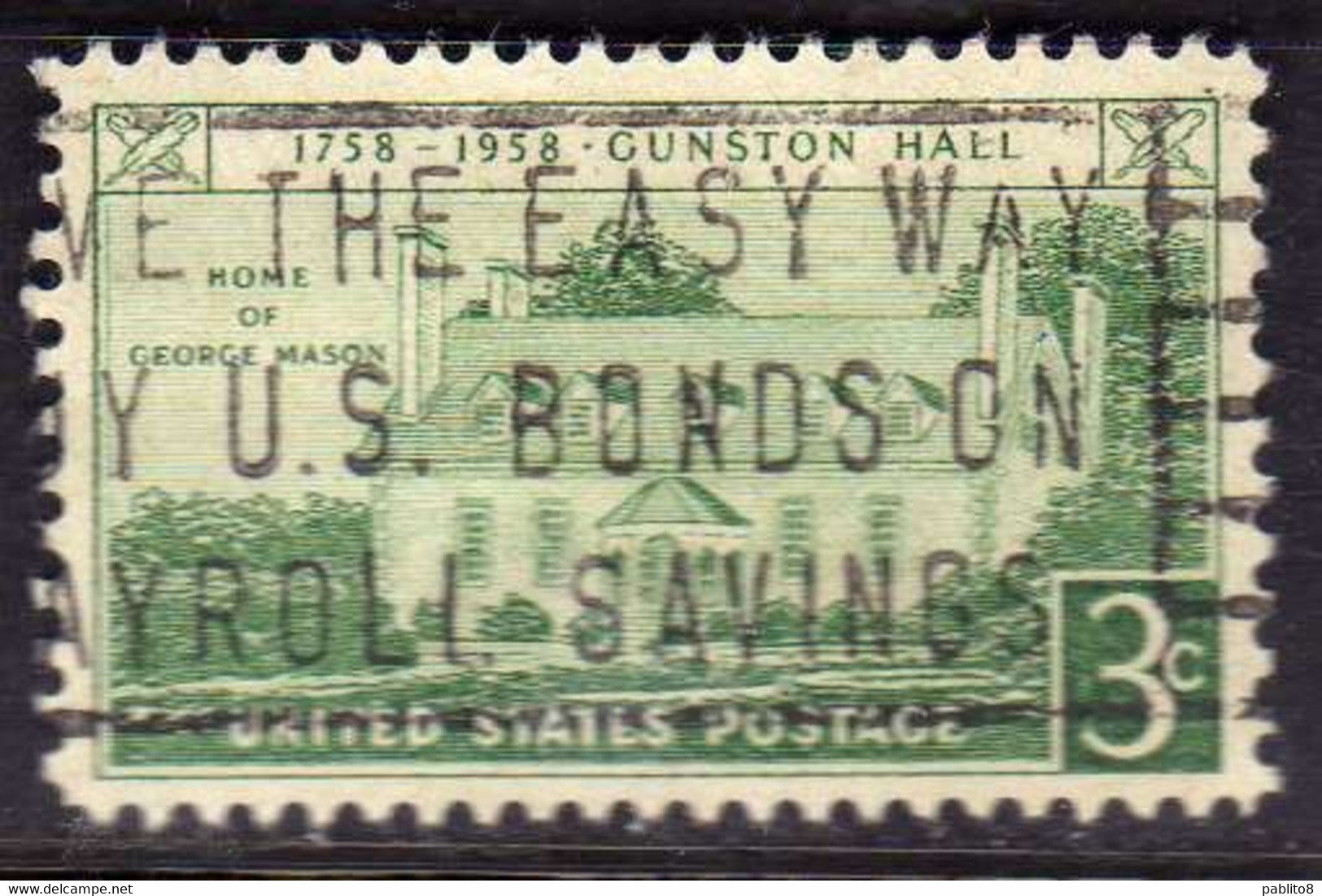 USA STATI UNITI 1958 GUNSTON HALL ISSUE VIRGINIA CENT 3c USED USATO OBLITERE' - Autres & Non Classés