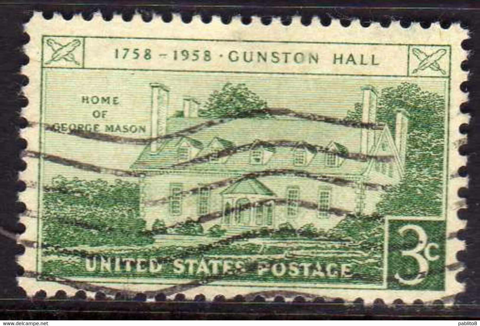 USA STATI UNITI 1958 GUNSTON HALL ISSUE VIRGINIA CENT 3c USED USATO OBLITERE' - Sonstige & Ohne Zuordnung