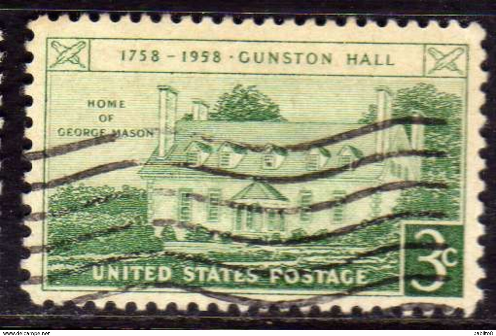 USA STATI UNITI 1958 GUNSTON HALL ISSUE VIRGINIA CENT 3c USED USATO OBLITERE' - Other & Unclassified