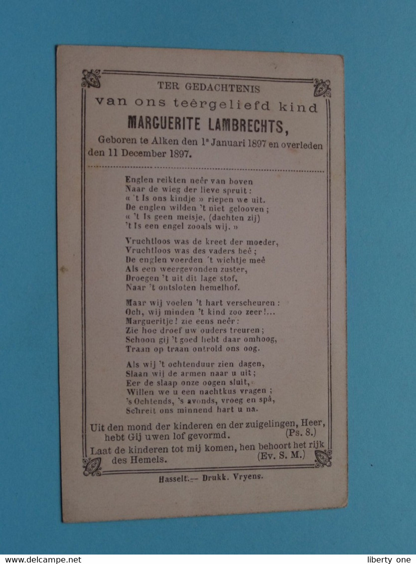 DP > Marguerite LAMBRECHTS () Alken 1 Jan 1897 - 11 Dec 1897 ( Zie Foto's ) Kind Van ...! - Todesanzeige