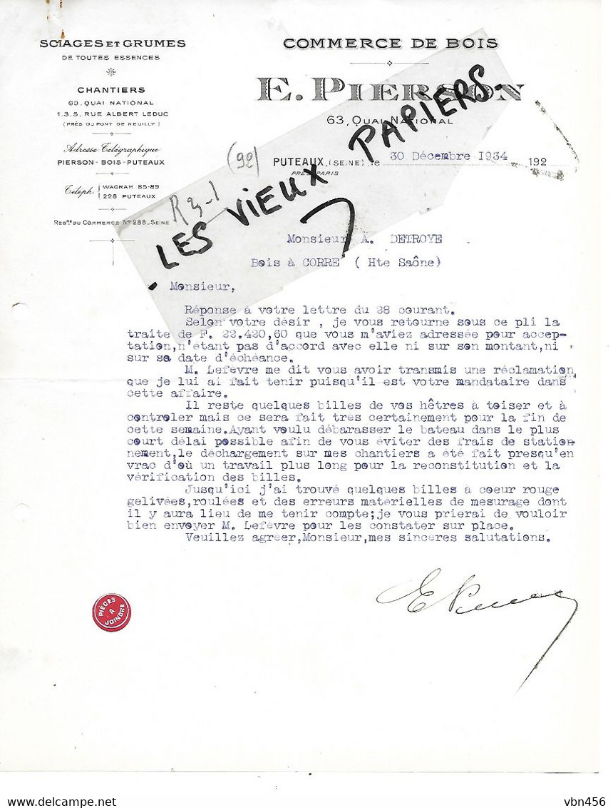 92 - Hauts-de-seine - PUTEAUX - Facture PIERSON - Scierie, Commerce De Bois - 1934 - REF 166A - 1900 – 1949