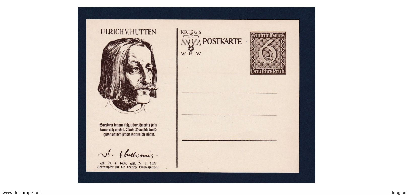 H152. Germany / Deutschland / Alemania / Deutschland / Kriegs Postkarte / 1939 / Ulrich Von Hutten - Theologen
