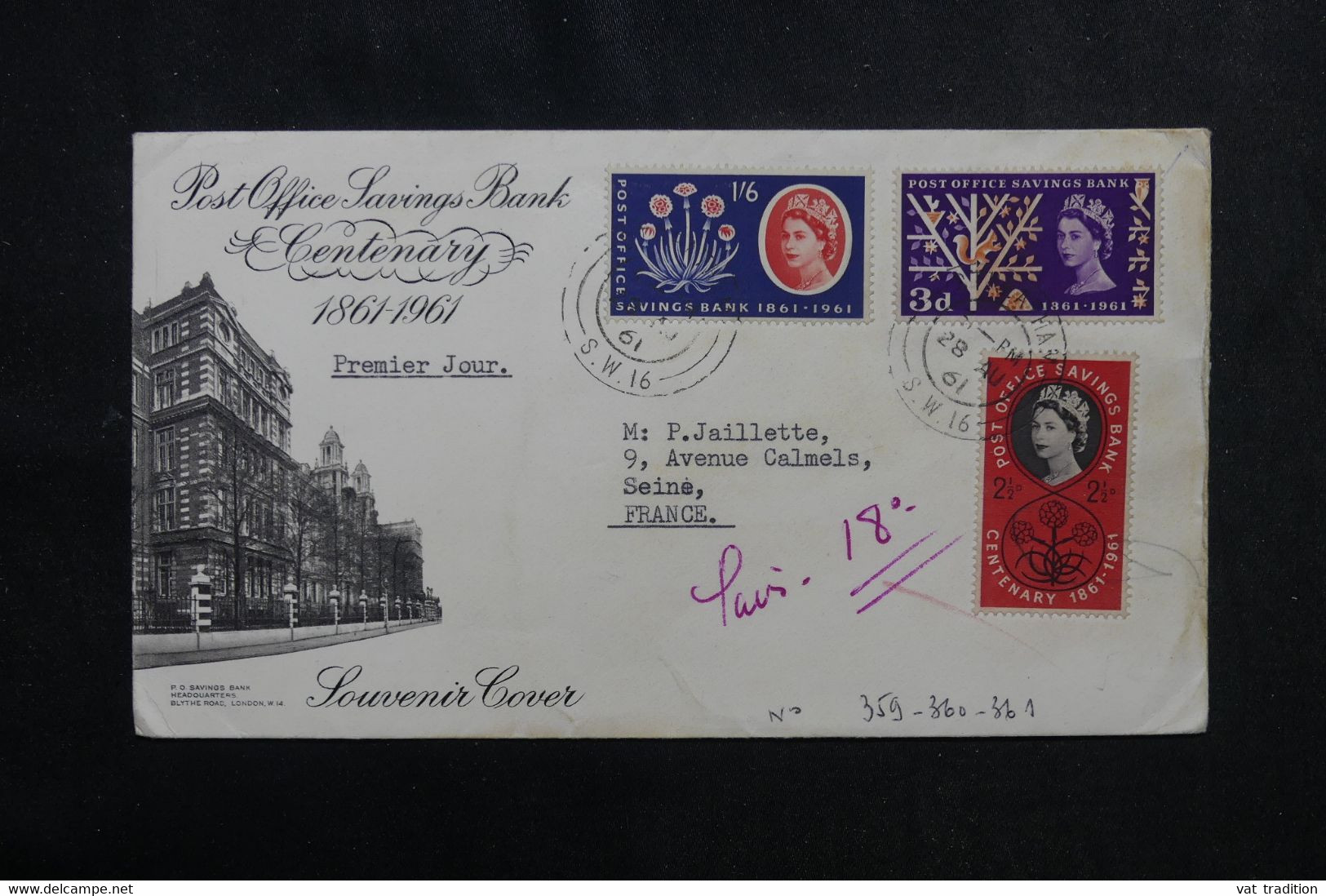 ROYAUME UNI - Enveloppe FDC ( Post Office Savings Bank ) En 1961 Pour La France - L 72592 - 1952-1971 Em. Prédécimales