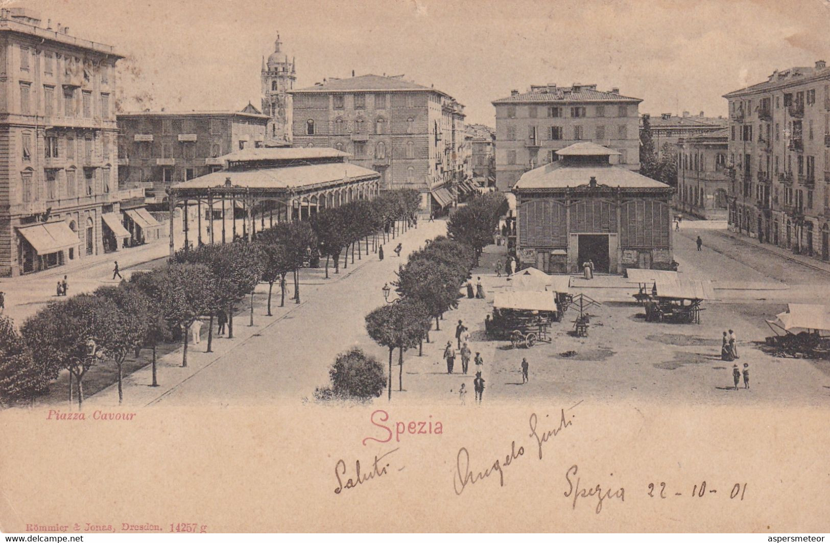 SPEZIA. PIAZZA CAVOUR. ROMMIER & JONAS. ITALIE CPA CIRCULEE 1901 A BUENOS AIRES -LILHU - La Spezia