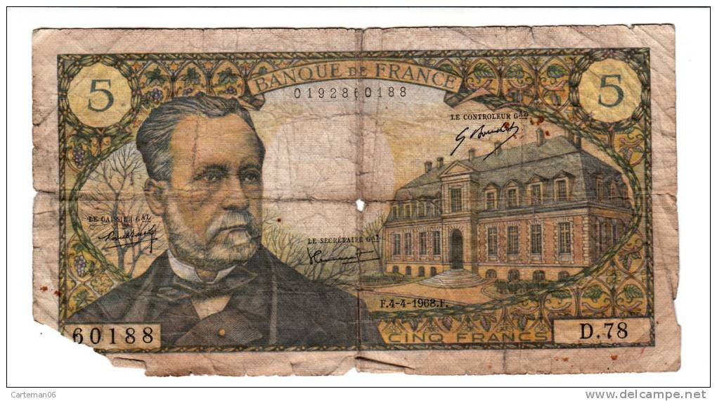 Billet - 5 Francs Pasteur - 4.4.1968 F - D.78 N° 60188 - 5 F 1966-1970 ''Pasteur''